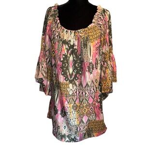 ELAN Off-Shoulder Patterned Flutter/Bell Sleeve Tunic